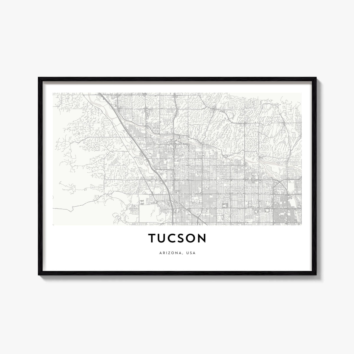 Tucson black & white map poster of Arizona, USA – horizontal wall art, unframed print shown in interior mockup
