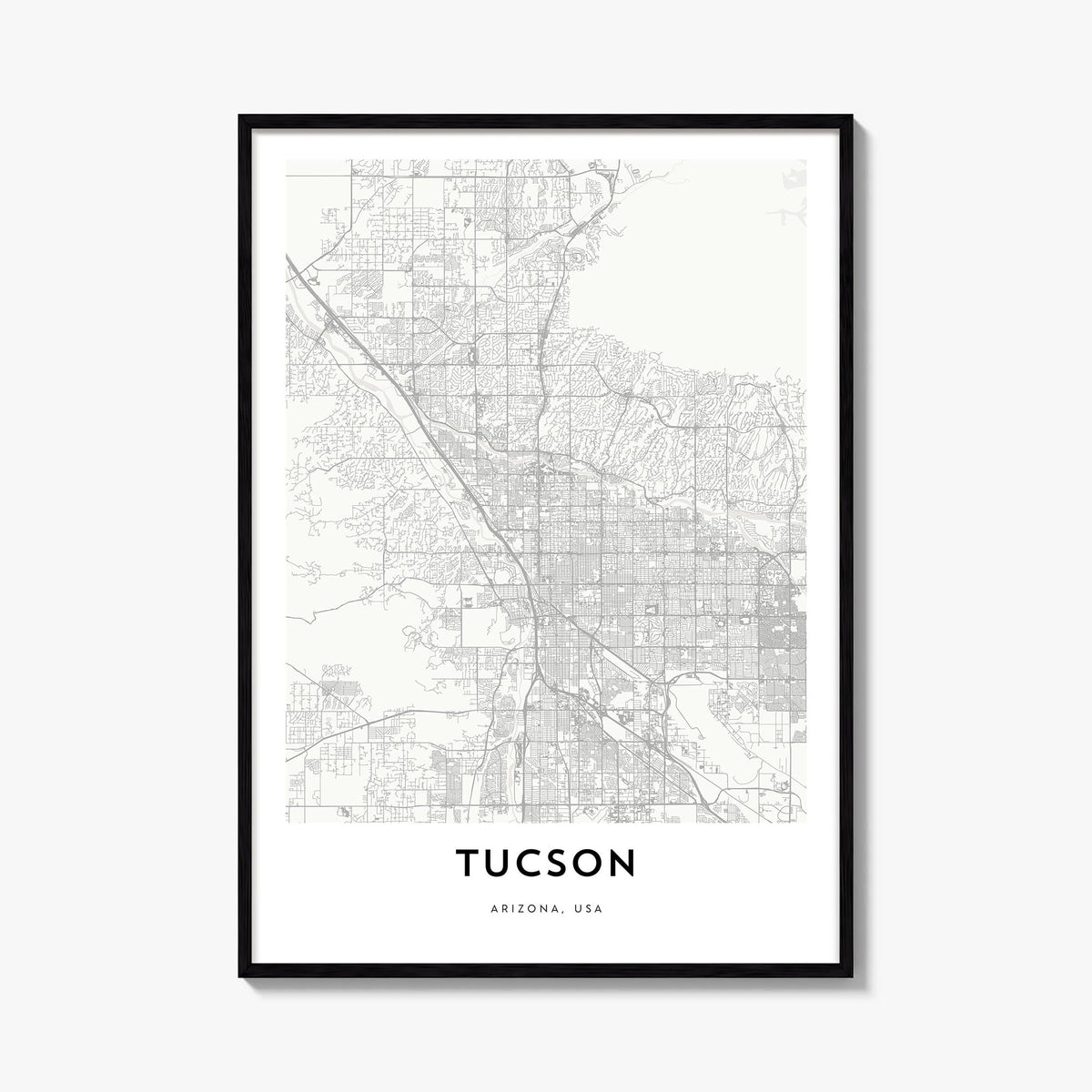 Tucson black & white map poster of Arizona, USA – vertical wall art, unframed print shown in interior mockup