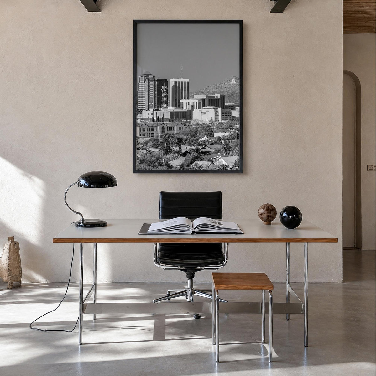 Tucson black & white photo poster of Arizona, USA – vertical wall art in black wood frame, hanging on wall