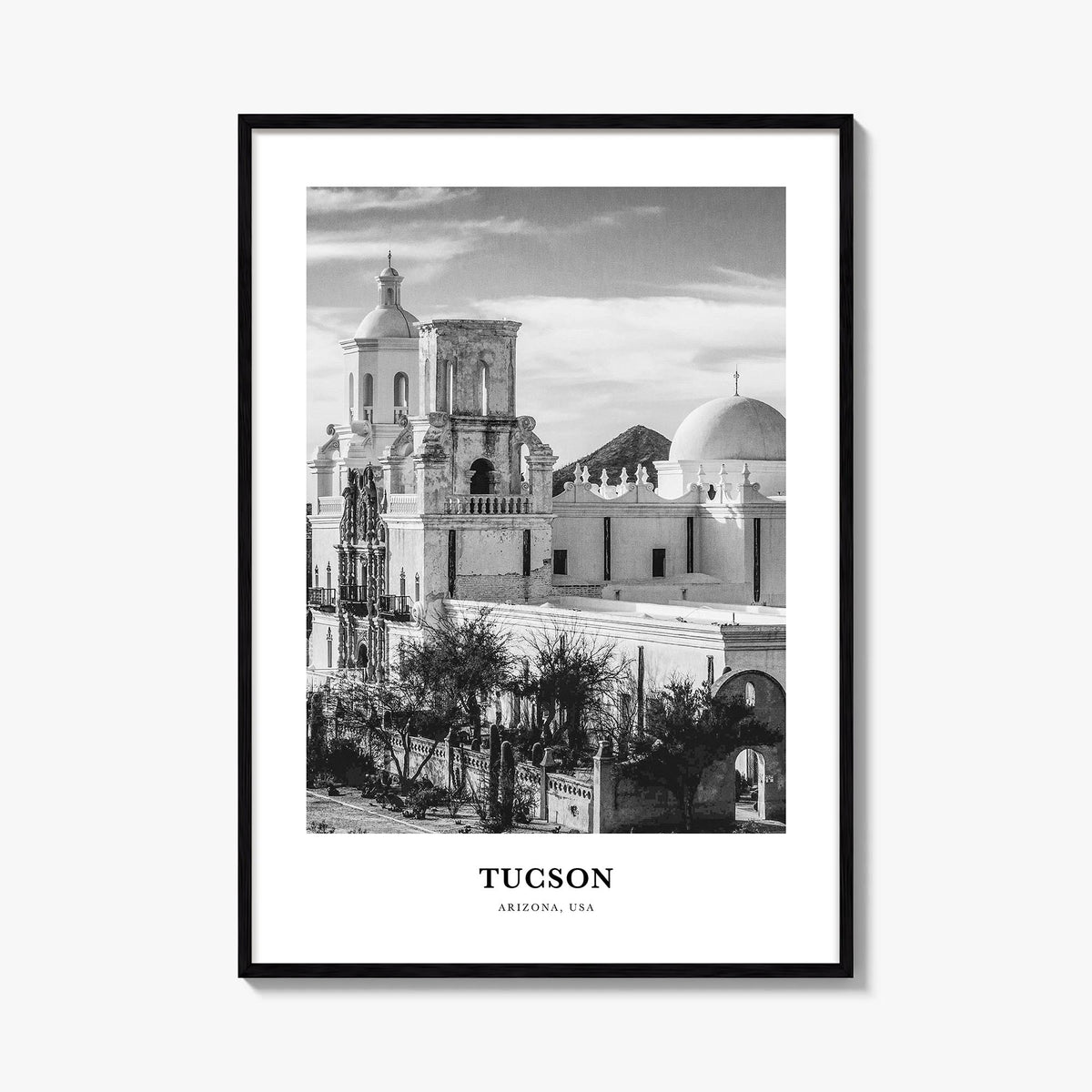 Tucson no. 1 black & white classic poster of Arizona, USA – vertical wall art, unframed print shown in interior mockup