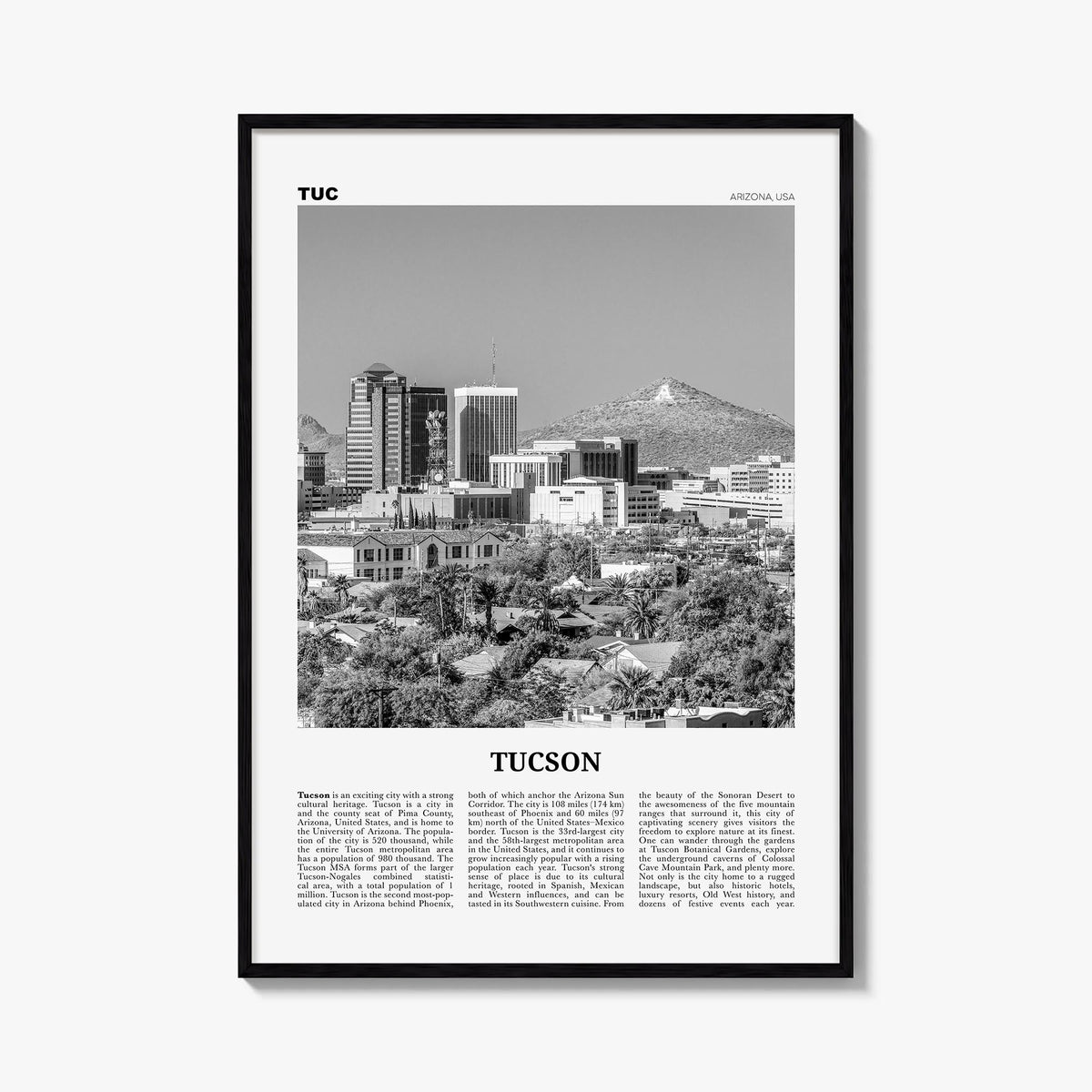 Tucson no. 1 black & white newspaper poster of Arizona, USA – vertical wall art, unframed print shown in interior mockup