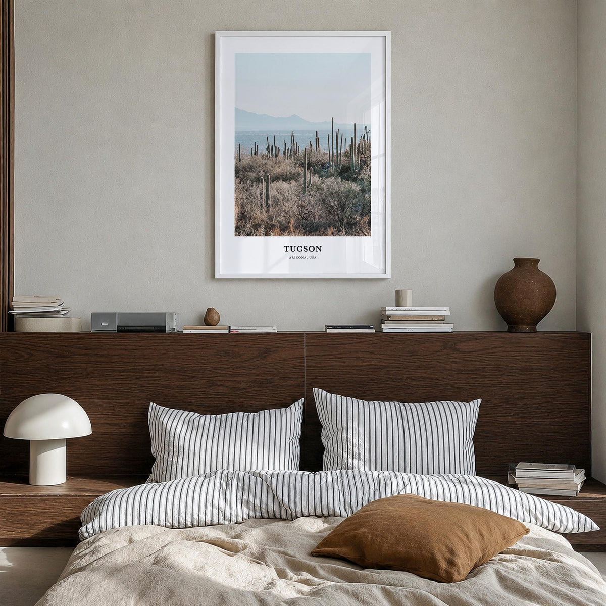 Tucson no. 1 colorful classic poster of Arizona, USA – vertical wall art in white wood frame, hanging on wall