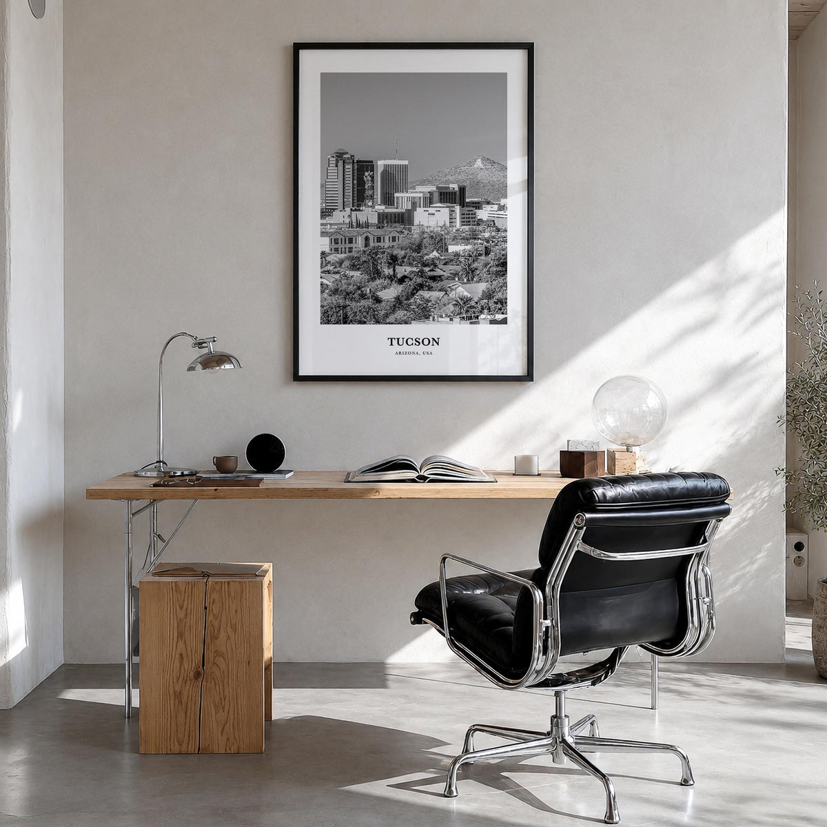 Tucson no. 2 black & white classic poster of Arizona, USA – vertical wall art in black wood frame, hanging on wall