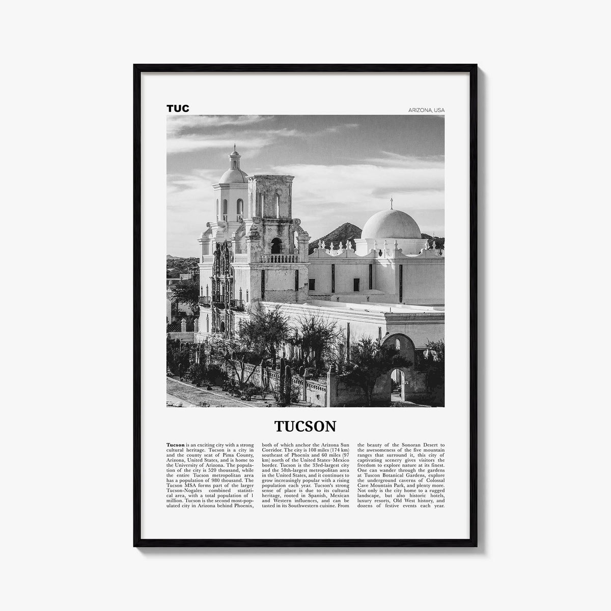 Tucson no. 2 black & white newspaper poster of Arizona, USA – vertical wall art, unframed print shown in interior mockup