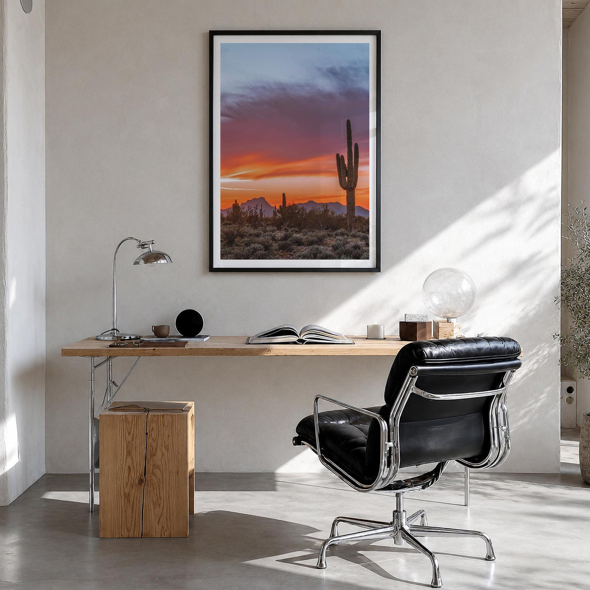 Tucson no. 2 colorful photo poster of Arizona, USA – vertical wall art in black wood frame with white border, hanging on wall