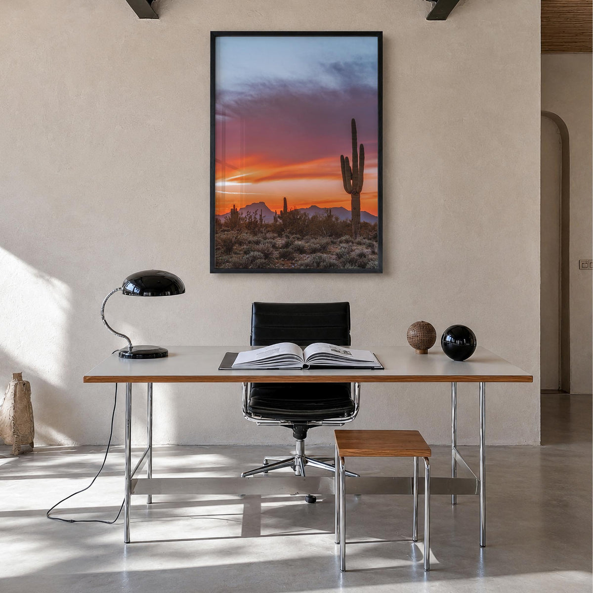 Tucson no. 2 colorful photo poster of Arizona, USA – vertical wall art in black wood frame, hanging on wall