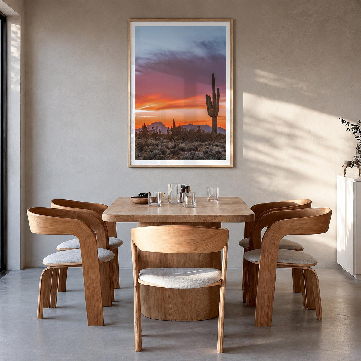 Tucson no. 2 colorful photo poster of Arizona, USA – vertical wall art in natural wood frame with white border, hanging on wa