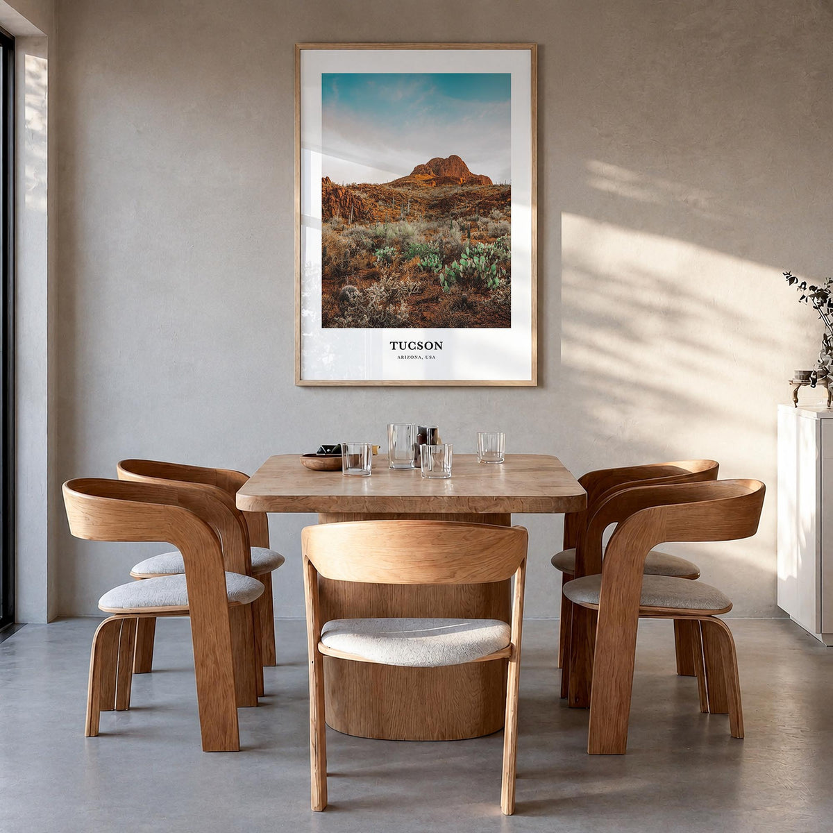 Tucson no. 3 colorful classic poster of Arizona, USA – vertical wall art in natural wood frame, hanging on wall