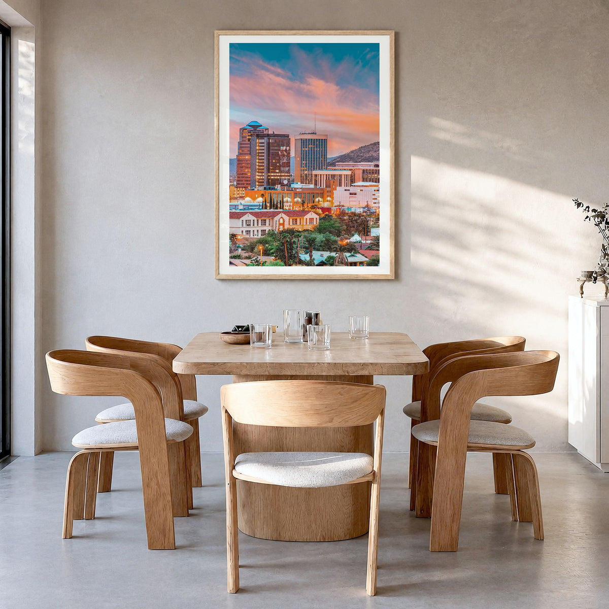Tucson Photo No 1 Poster in a natural wood frame, hanging in a dining room, white border