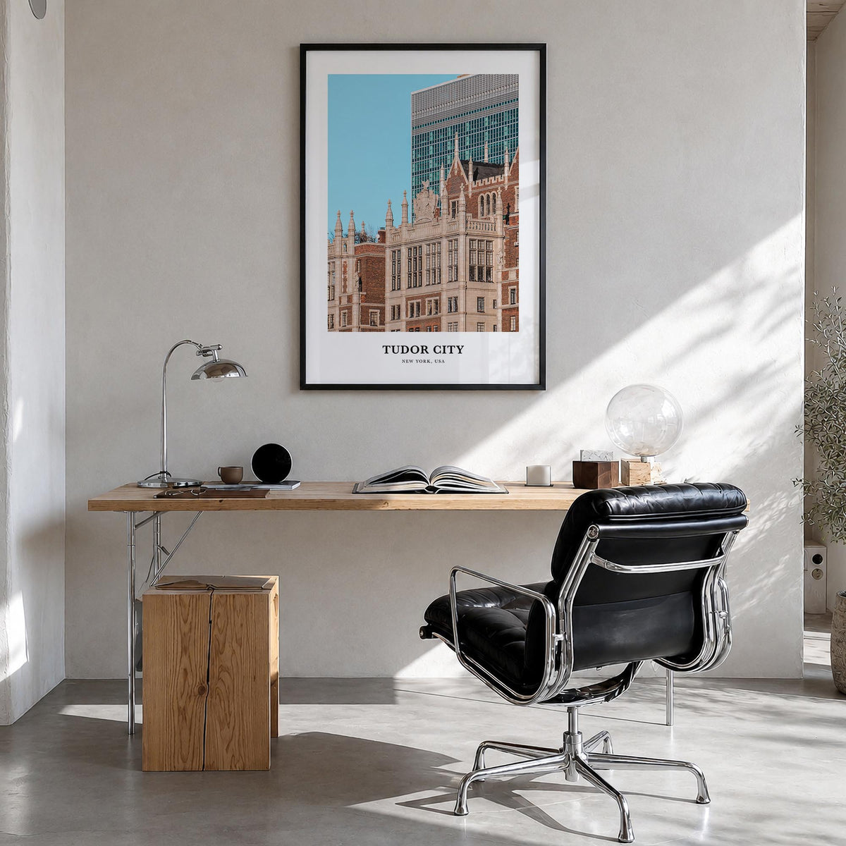 Tudor City colorful classic poster of Manhattan, New York City – vertical wall art in black wood frame, hanging on wall