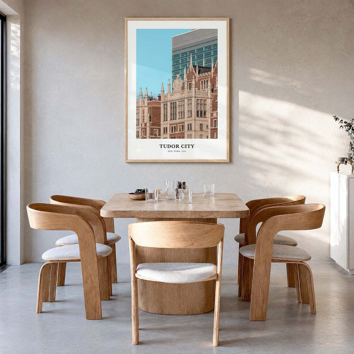 Tudor City Classic Poster in a natural wood frame, hanging in a dining room