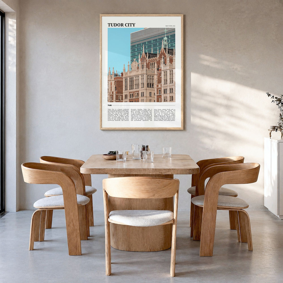 Tudor City Travel Poster in a natural wood frame, hanging in a dining room