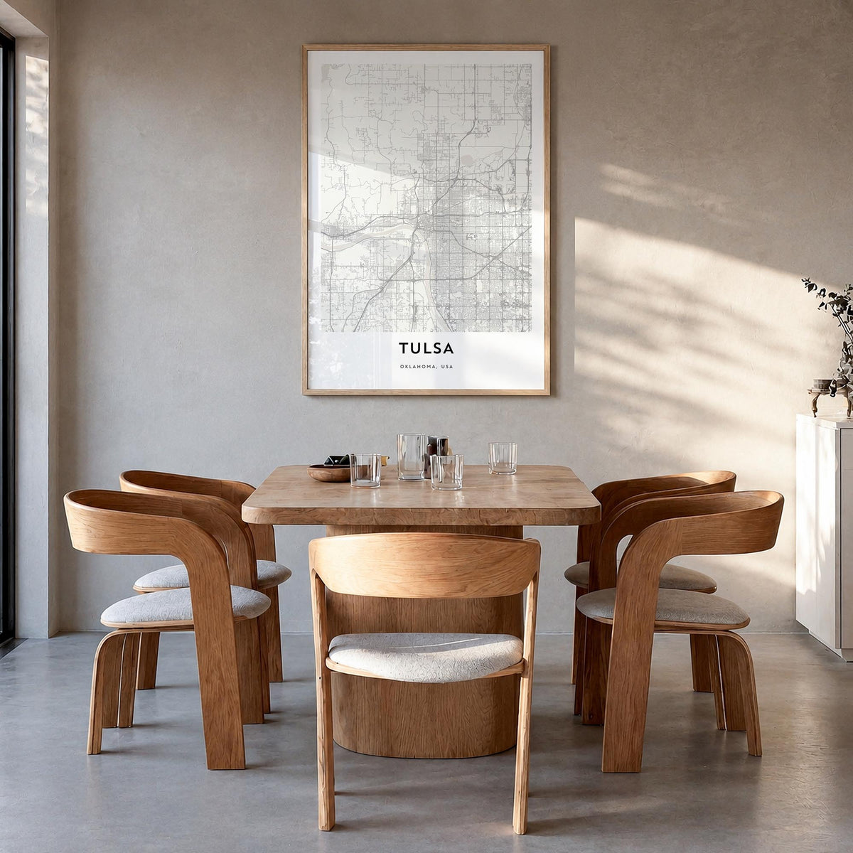 Tulsa black & white map poster of Oklahoma, USA – vertical wall art in natural wood frame, hanging on wall