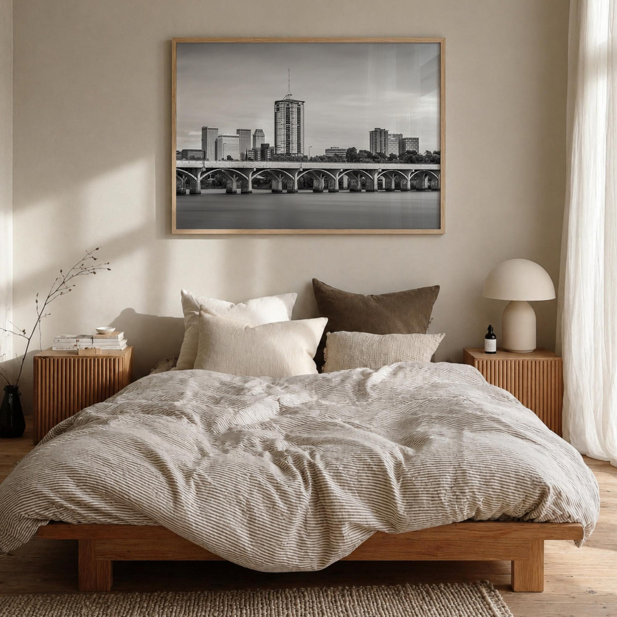 Tulsa black & white photo poster of Oklahoma, USA – horizontal wall art in natural wood frame, hanging on wall