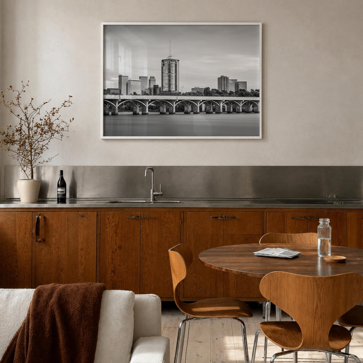 Tulsa black & white photo poster of Oklahoma, USA – horizontal wall art in white wood frame, hanging on wall