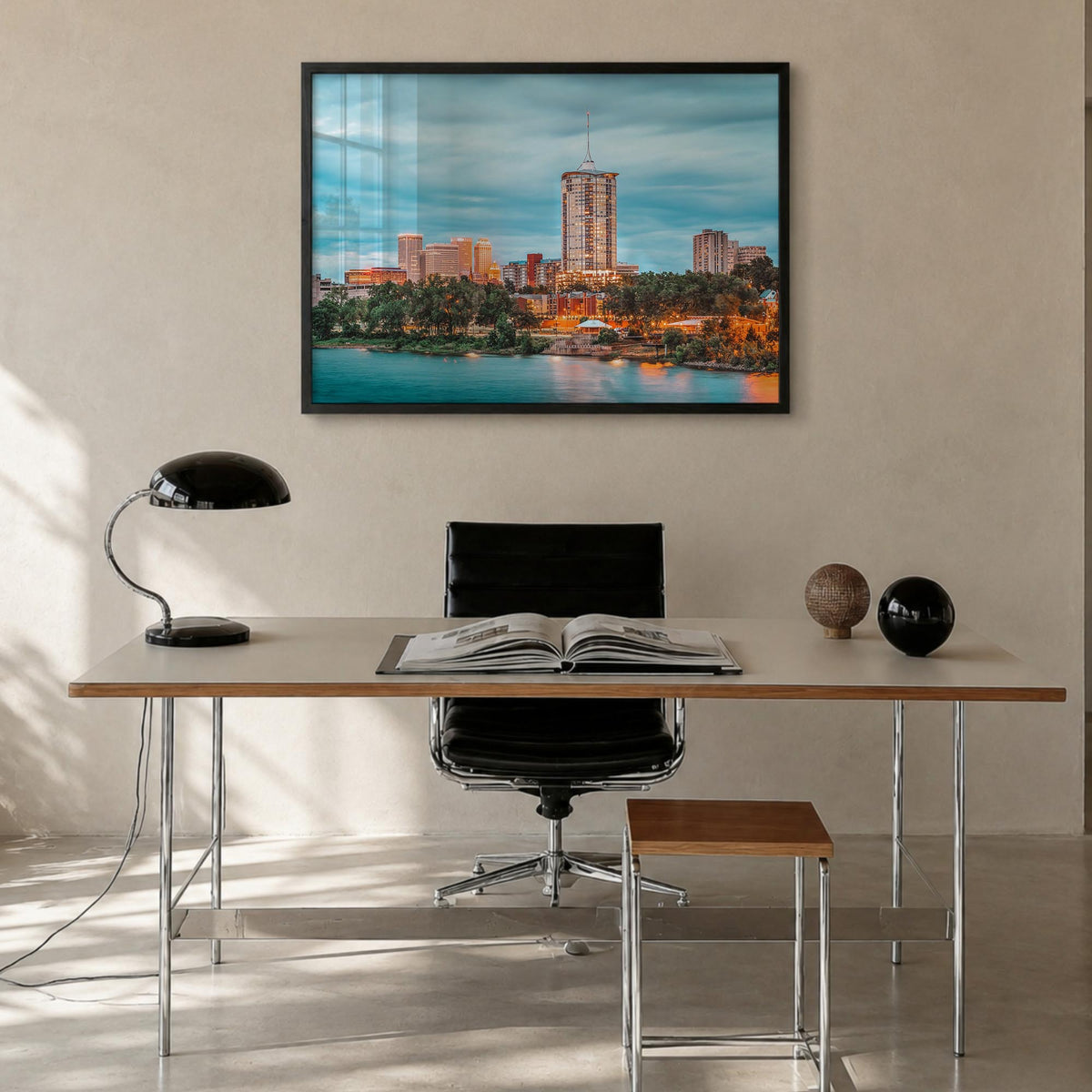 Tulsa colorful photo poster of Oklahoma, USA – horizontal wall art in black wood frame, hanging on wall