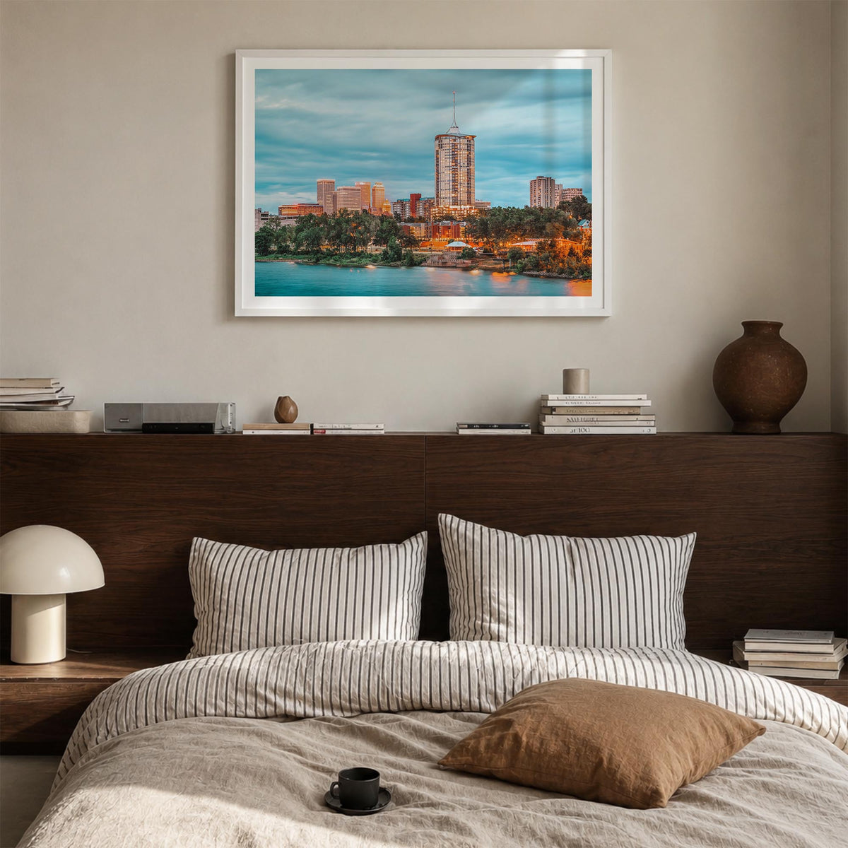 Tulsa colorful photo poster of Oklahoma, USA – horizontal wall art in white wood frame with white border, hanging on wall