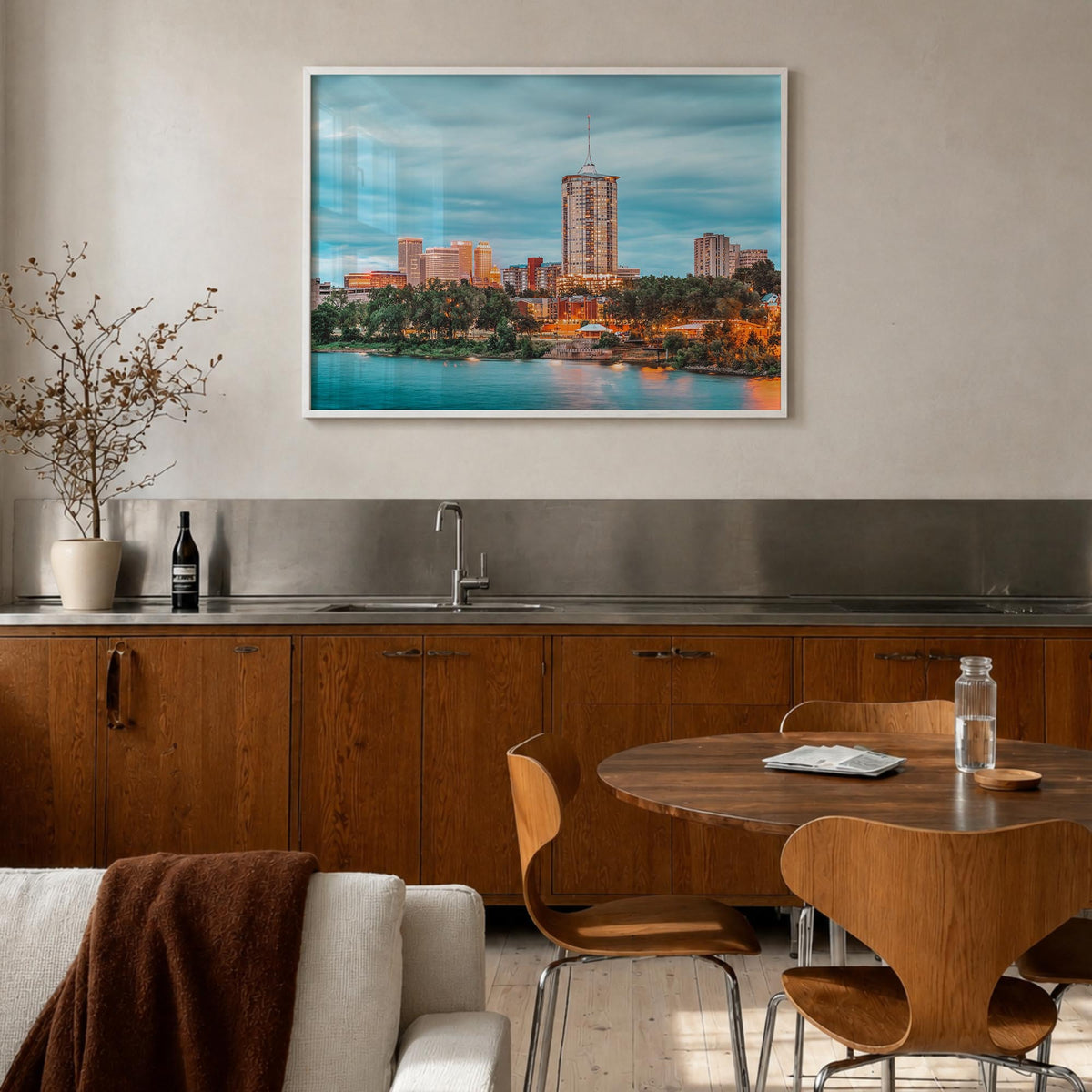 Tulsa colorful photo poster of Oklahoma, USA – horizontal wall art in white wood frame, hanging on wall