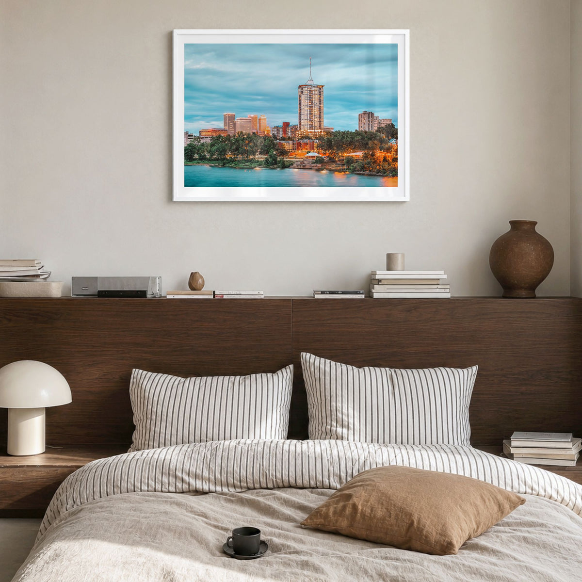 Tulsa Photo Poster in a white wood frame, hanging in a bedroom, white border