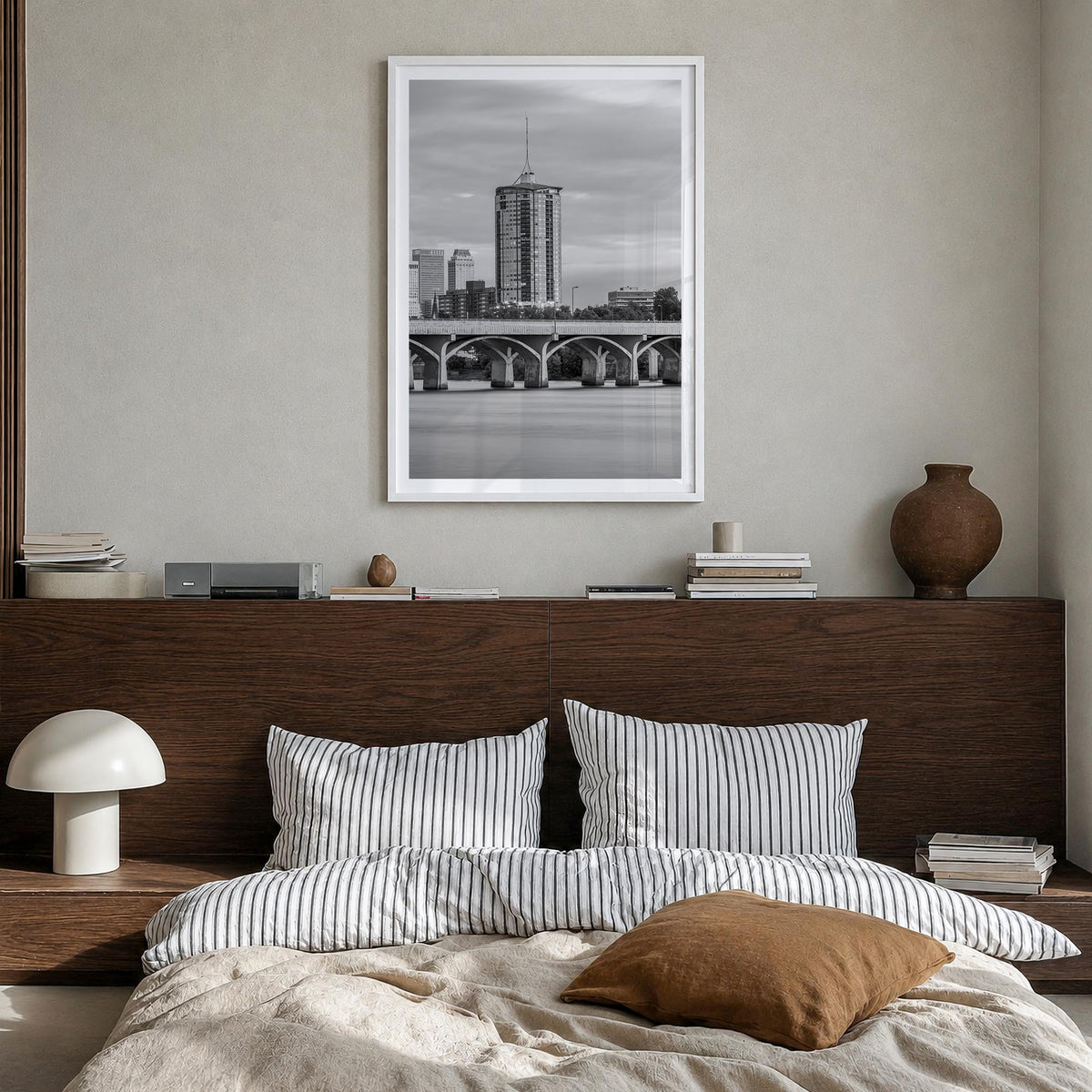 Tulsa no. 1 black & white photo poster of Oklahoma, USA – vertical wall art in white wood frame with white border, hanging on