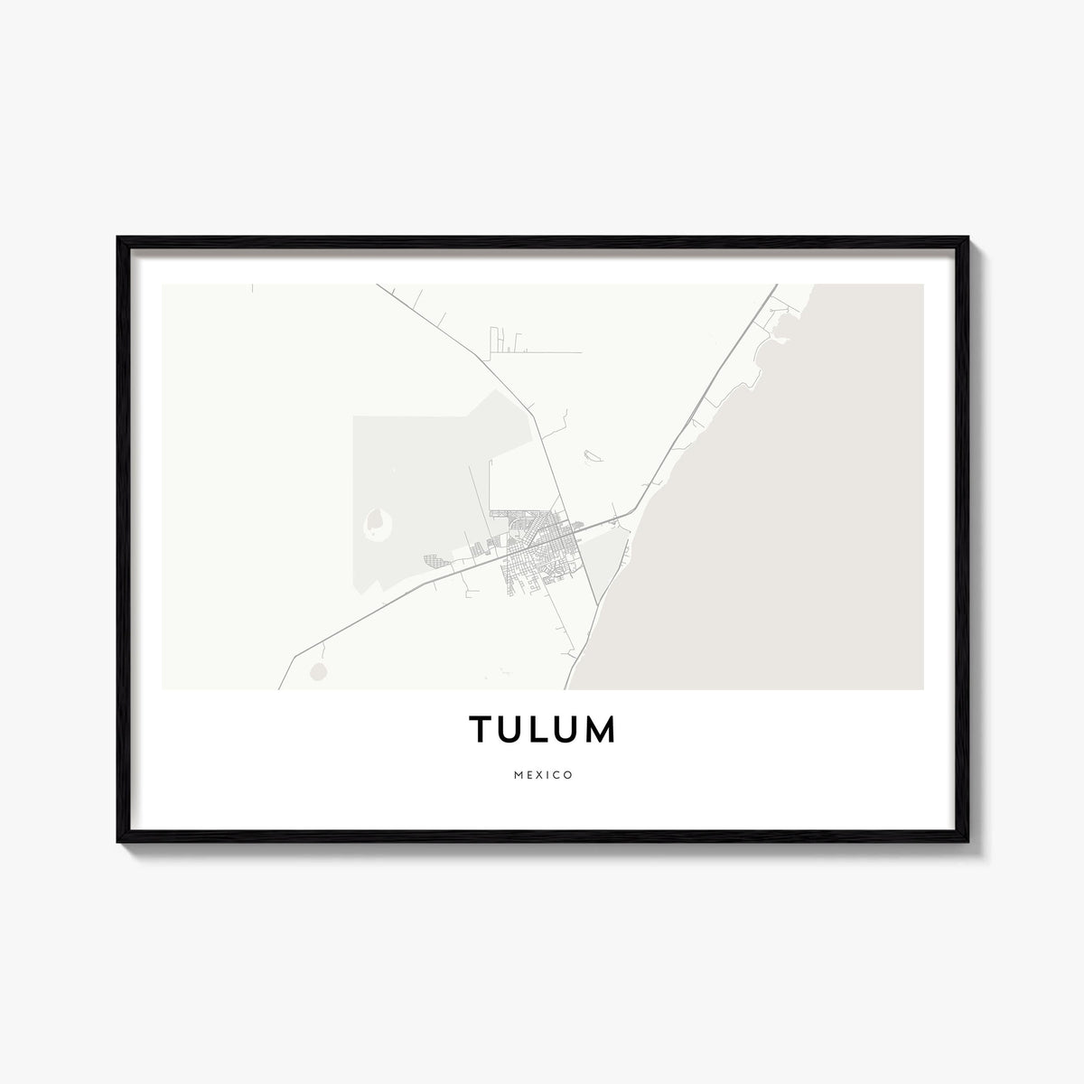 Tulum black & white map poster of Mexico – horizontal wall art, unframed print shown in interior mockup