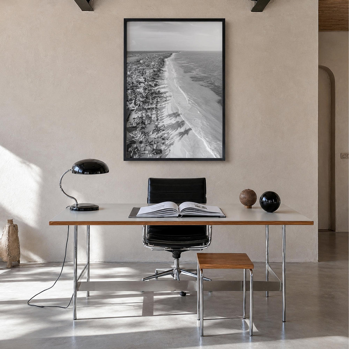 Tulum black & white photo poster of Mexico – vertical wall art in black wood frame, hanging on wall