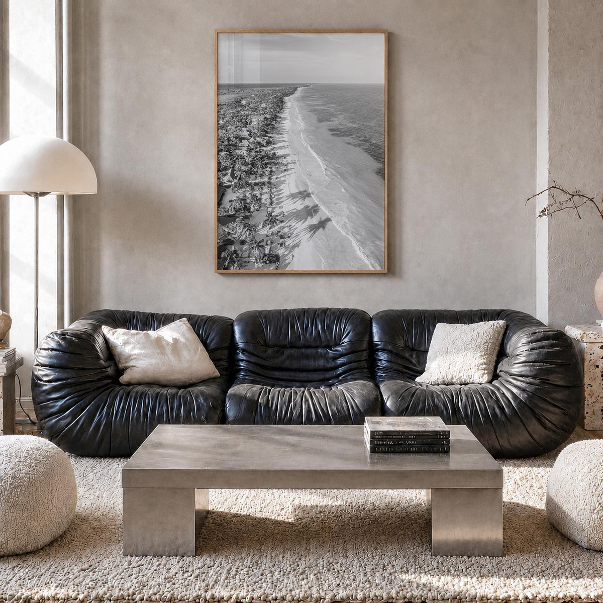 Tulum black & white photo poster of Mexico – vertical wall art in natural wood frame, hanging on wall