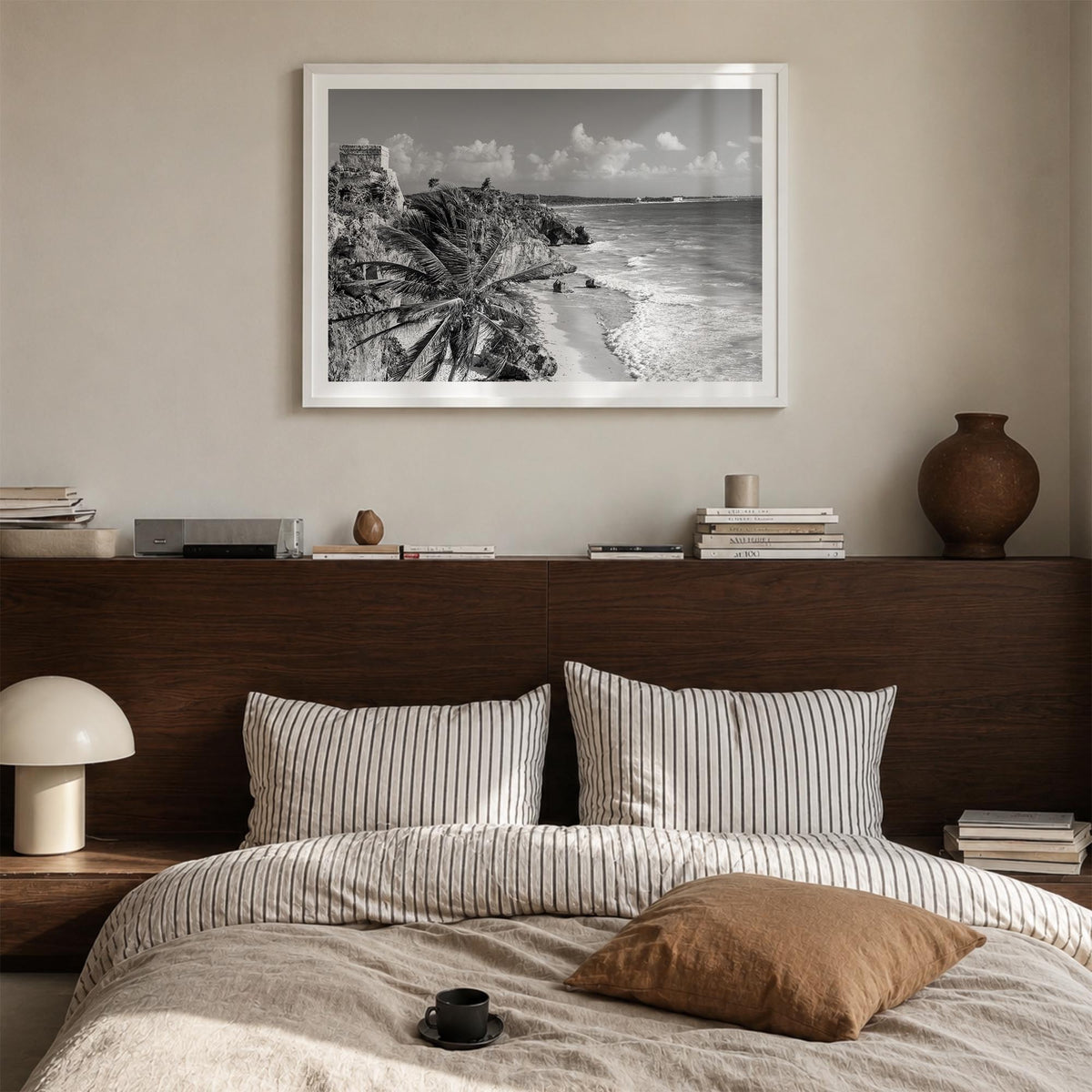 Tulum black & white photo poster of Mexico – horizontal wall art in white wood frame with white border, hanging on wall