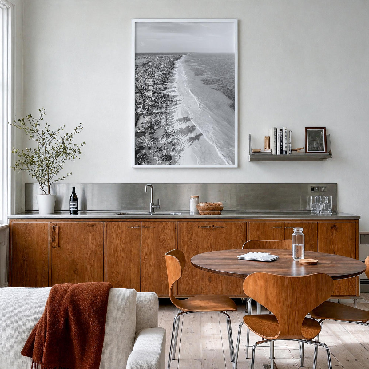 Tulum black & white photo poster of Mexico – vertical wall art in white wood frame, hanging on wall