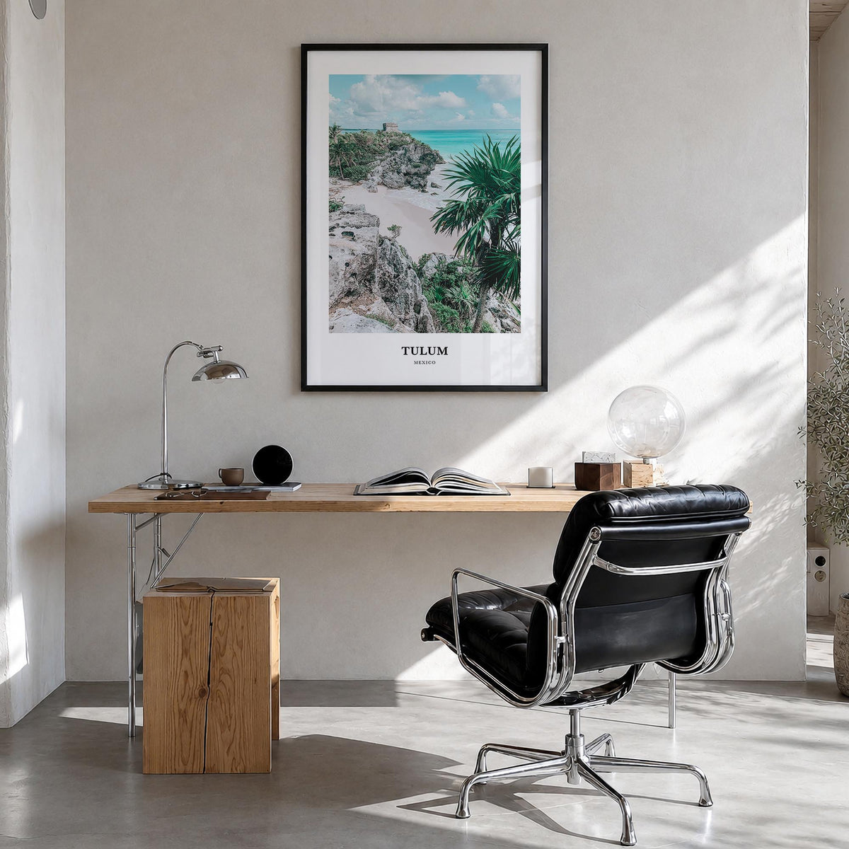 Tulum colorful classic poster of Mexico – vertical wall art in black wood frame, hanging on wall