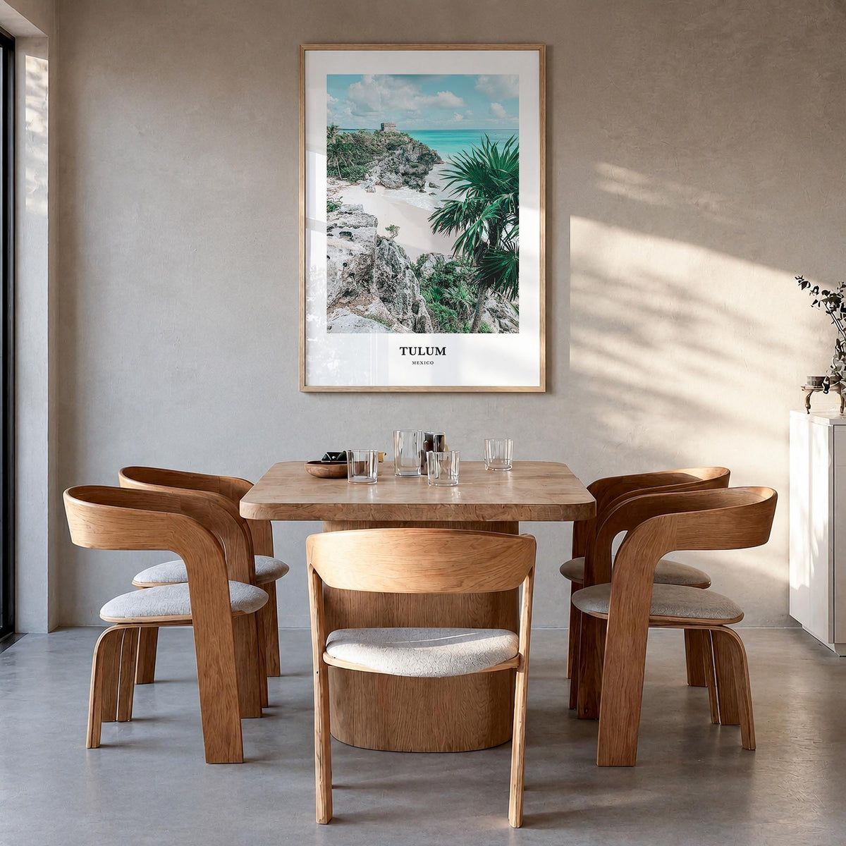 Tulum colorful classic poster of Mexico – vertical wall art in natural wood frame, hanging on wall