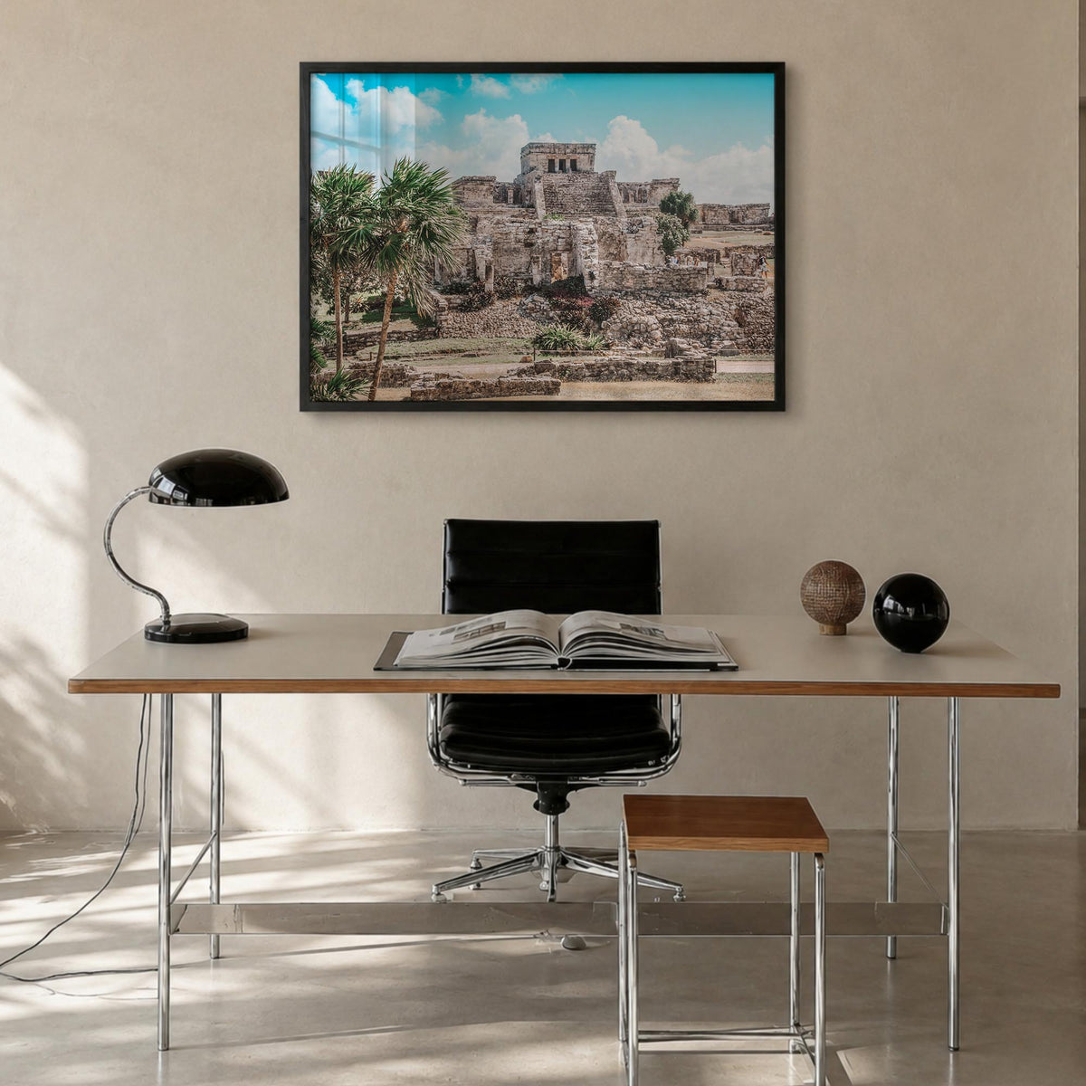 Tulum colorful photo poster of Mexico – horizontal wall art in black wood frame, hanging on wall
