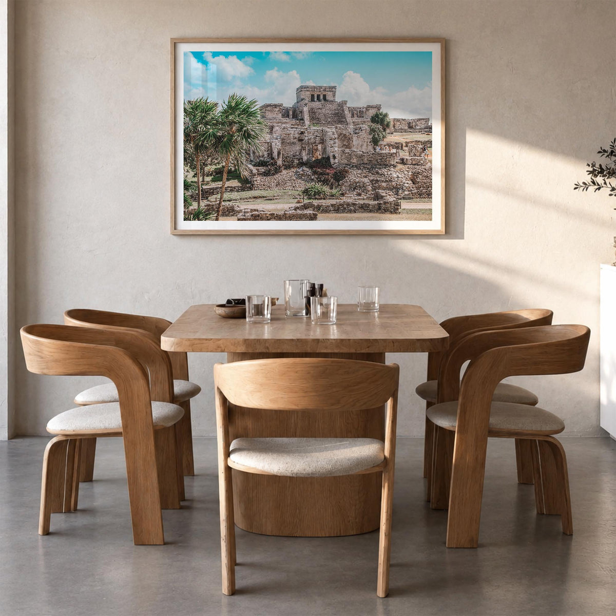 Tulum colorful photo poster of Mexico – horizontal wall art in natural wood frame with white border, hanging on wall