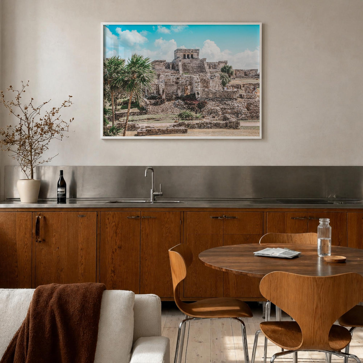 Tulum colorful photo poster of Mexico – horizontal wall art in white wood frame, hanging on wall