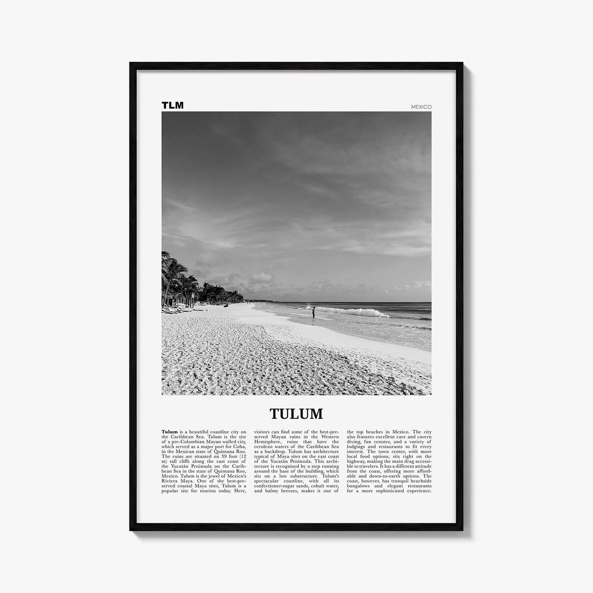 Tulum no. 1 black & white newspaper poster of Mexico – vertical wall art, unframed print shown in interior mockup