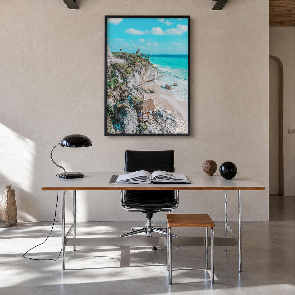 Tulum no. 2 colorful photo poster of Mexico – vertical wall art in black wood frame, hanging on wall