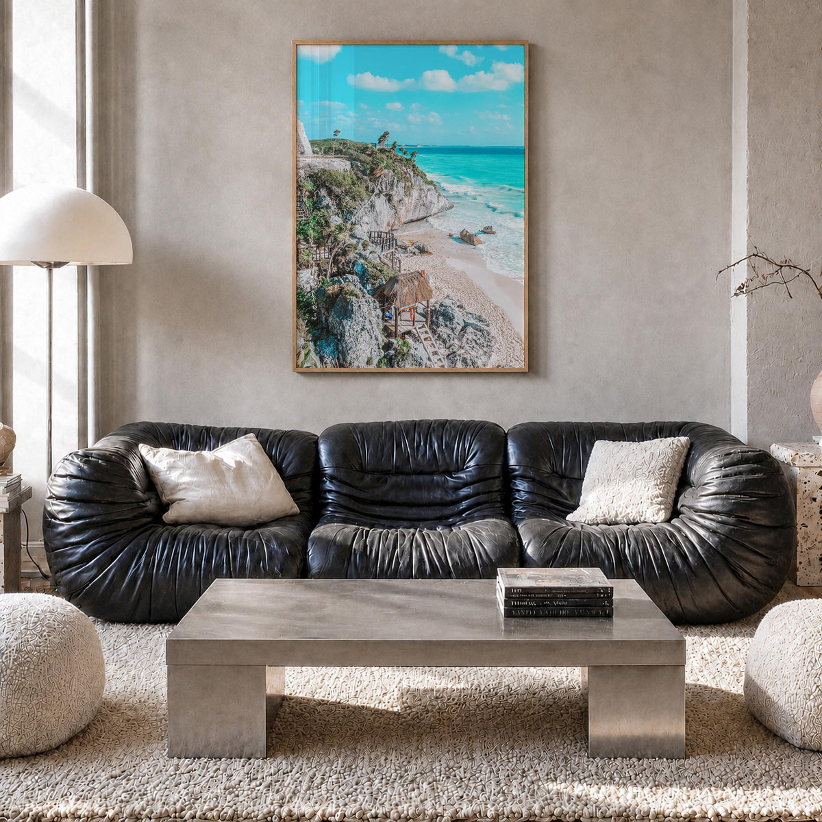 Tulum no. 2 colorful photo poster of Mexico – vertical wall art in natural wood frame, hanging on wall