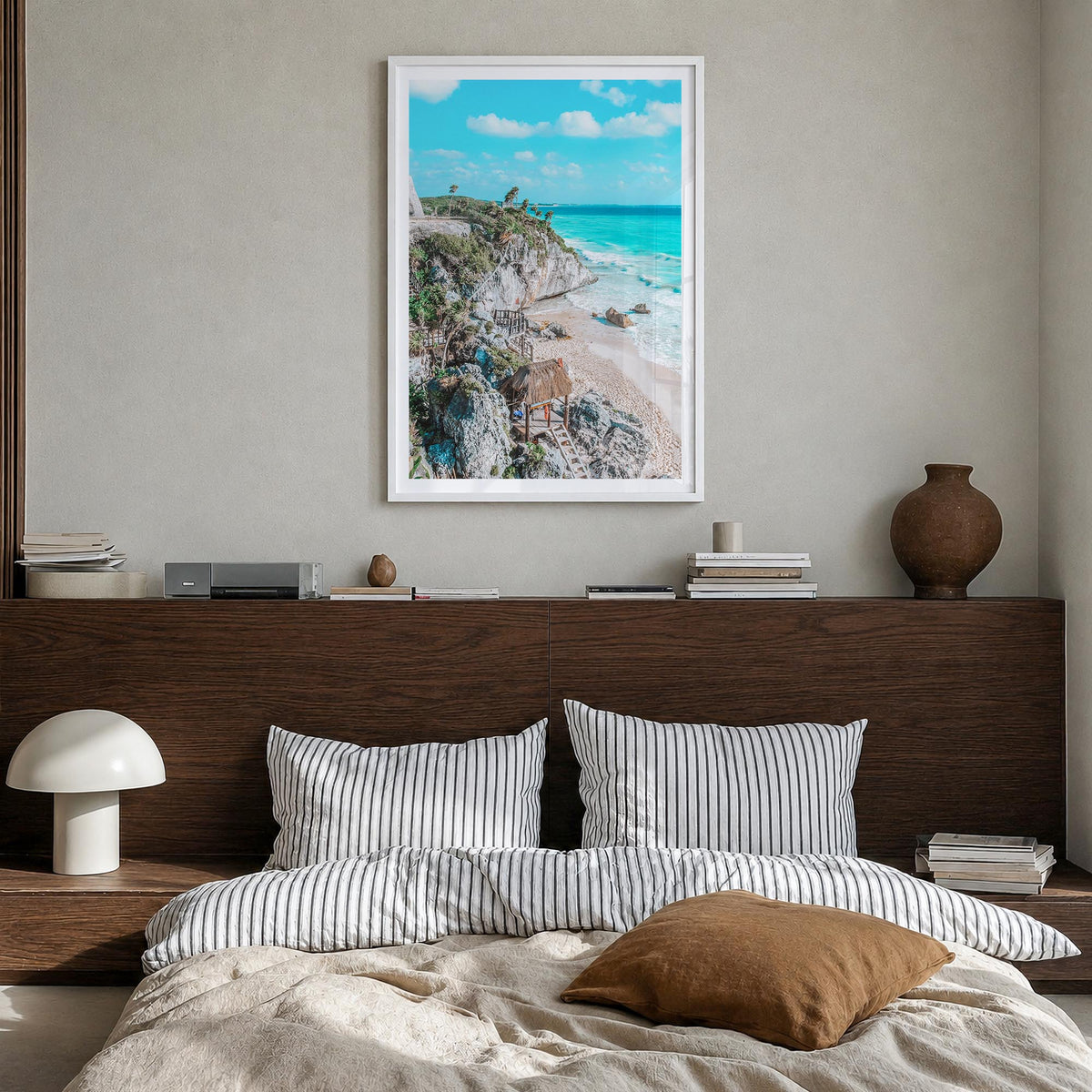 Tulum no. 2 colorful photo poster of Mexico – vertical wall art in white wood frame with white border, hanging on wall