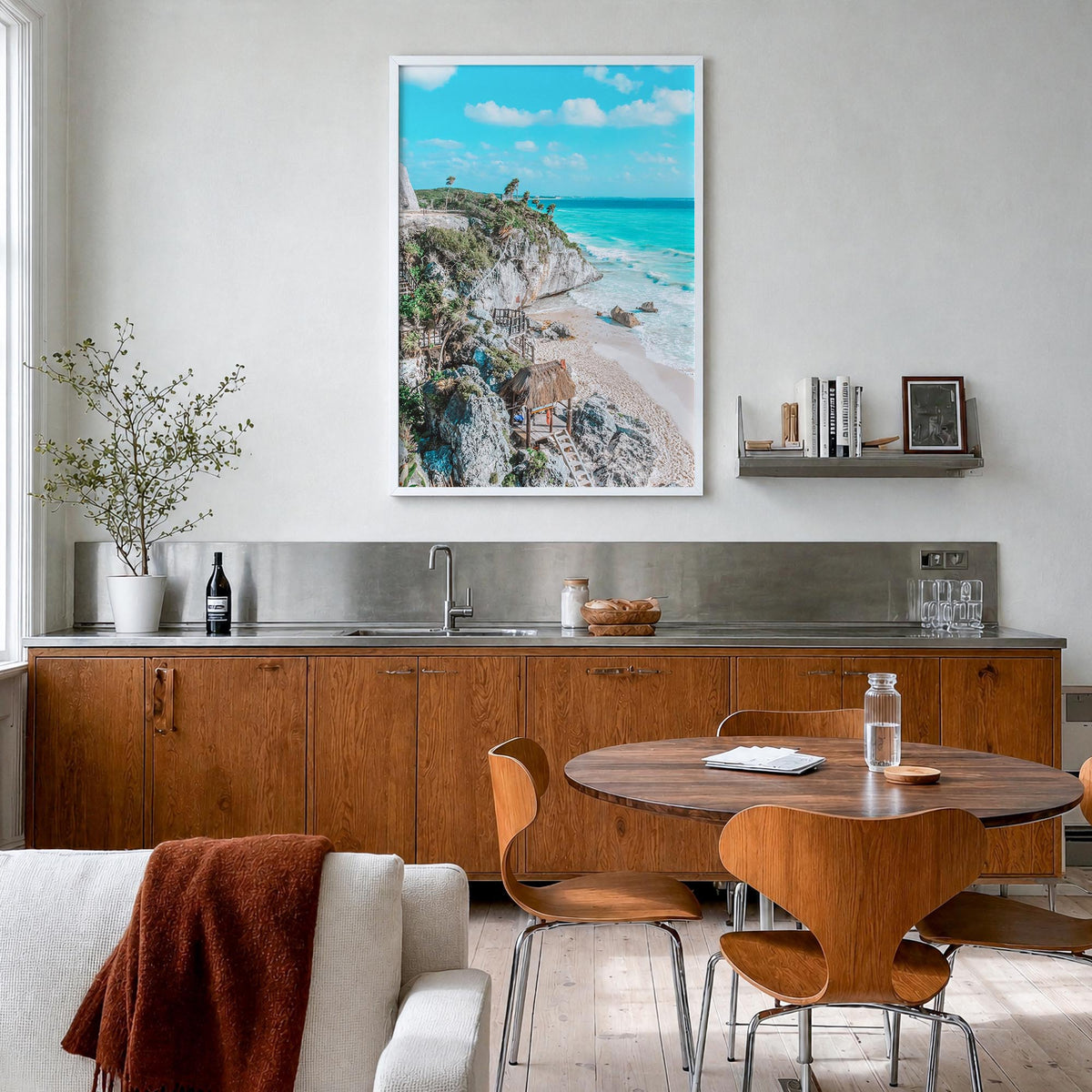 Tulum no. 2 colorful photo poster of Mexico – vertical wall art in white wood frame, hanging on wall