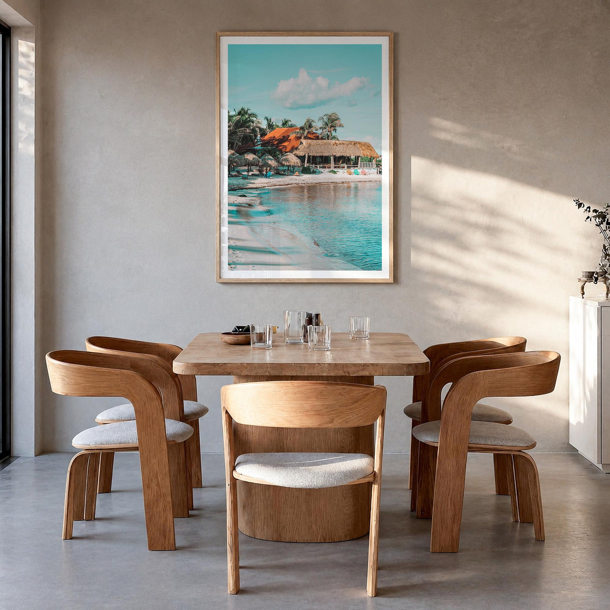 Tulum no. 1 colorful photo poster of Mexico – vertical wall art in natural wood frame with white border, hanging on wall