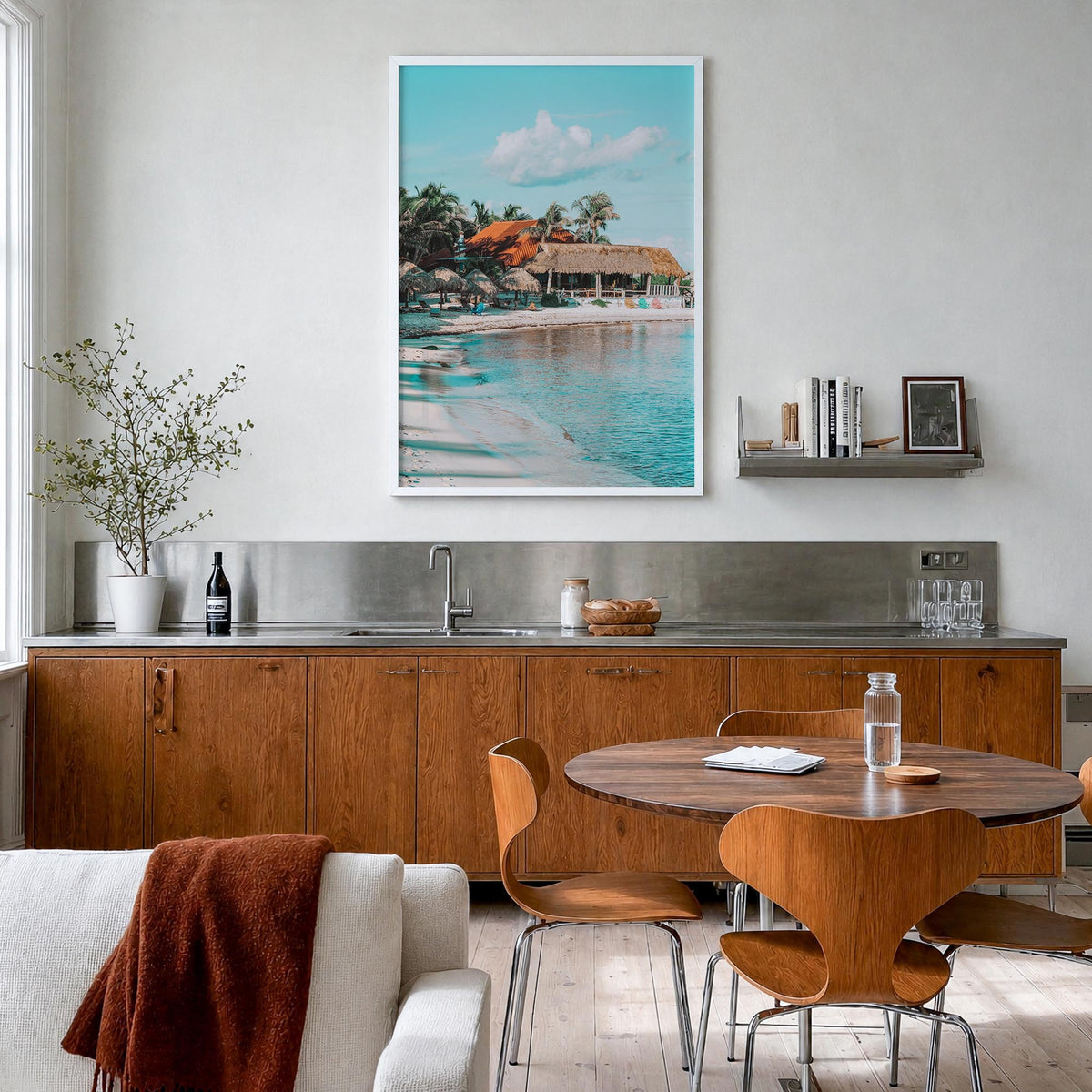 Tulum no. 1 colorful photo poster of Mexico – vertical wall art in white wood frame, hanging on wall