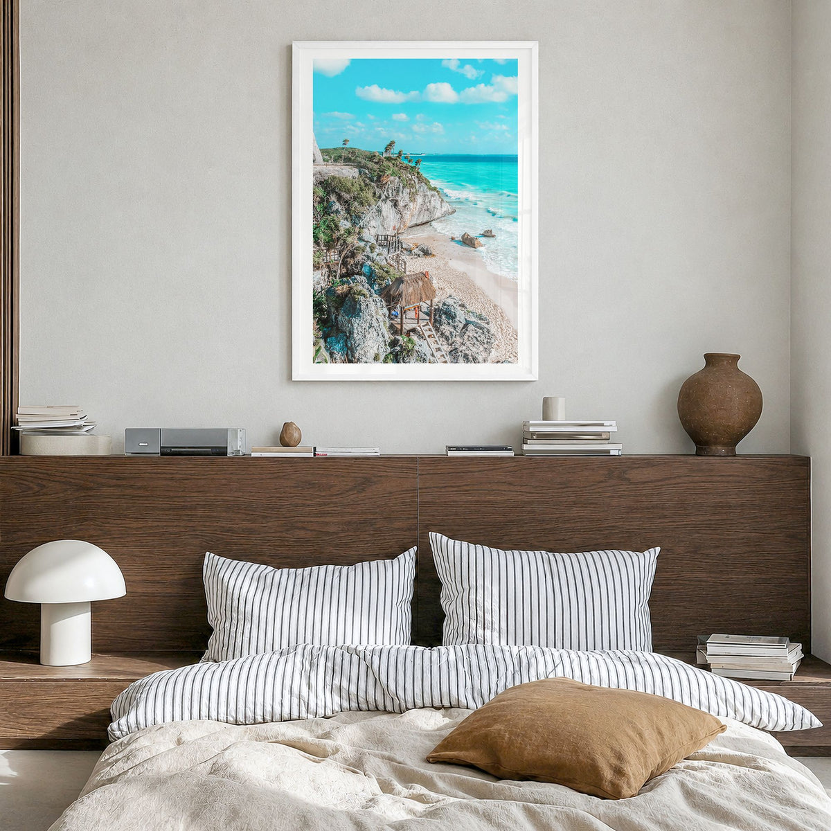 Tulum Photo No 1 Poster in a white wood frame, hanging in a bedroom, white border