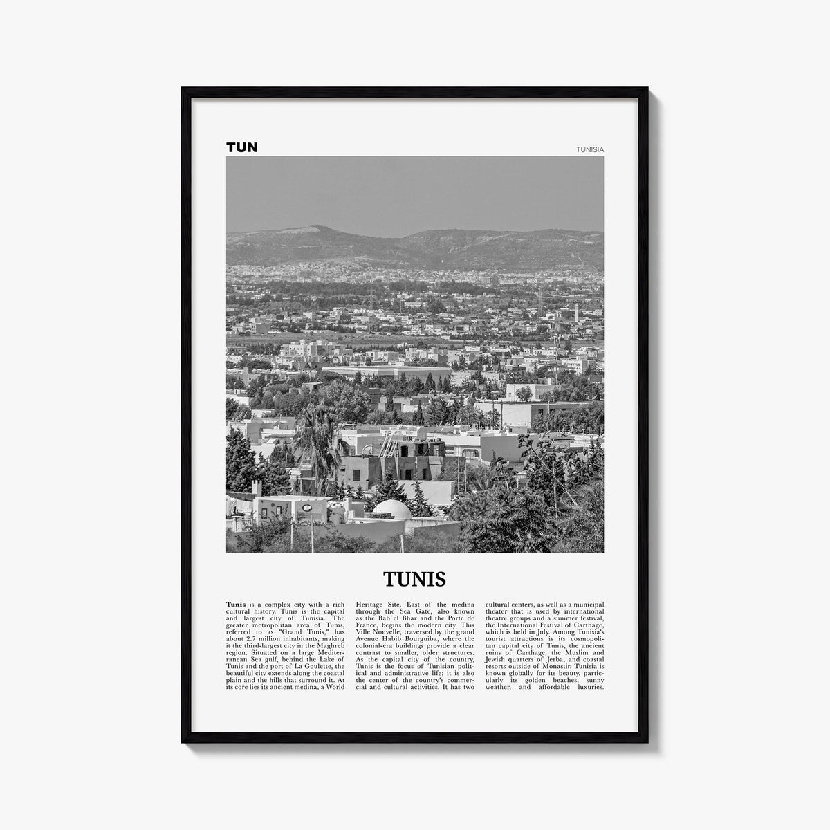 Tunis black & white newspaper poster of Tunisia – vertical wall art, unframed print shown in interior mockup