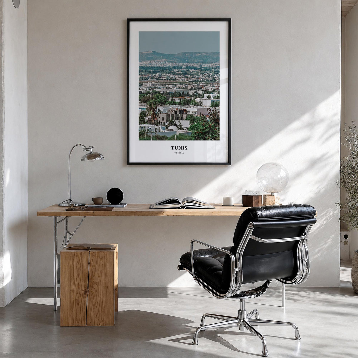 Tunis colorful classic poster of Tunisia – vertical wall art in black wood frame, hanging on wall