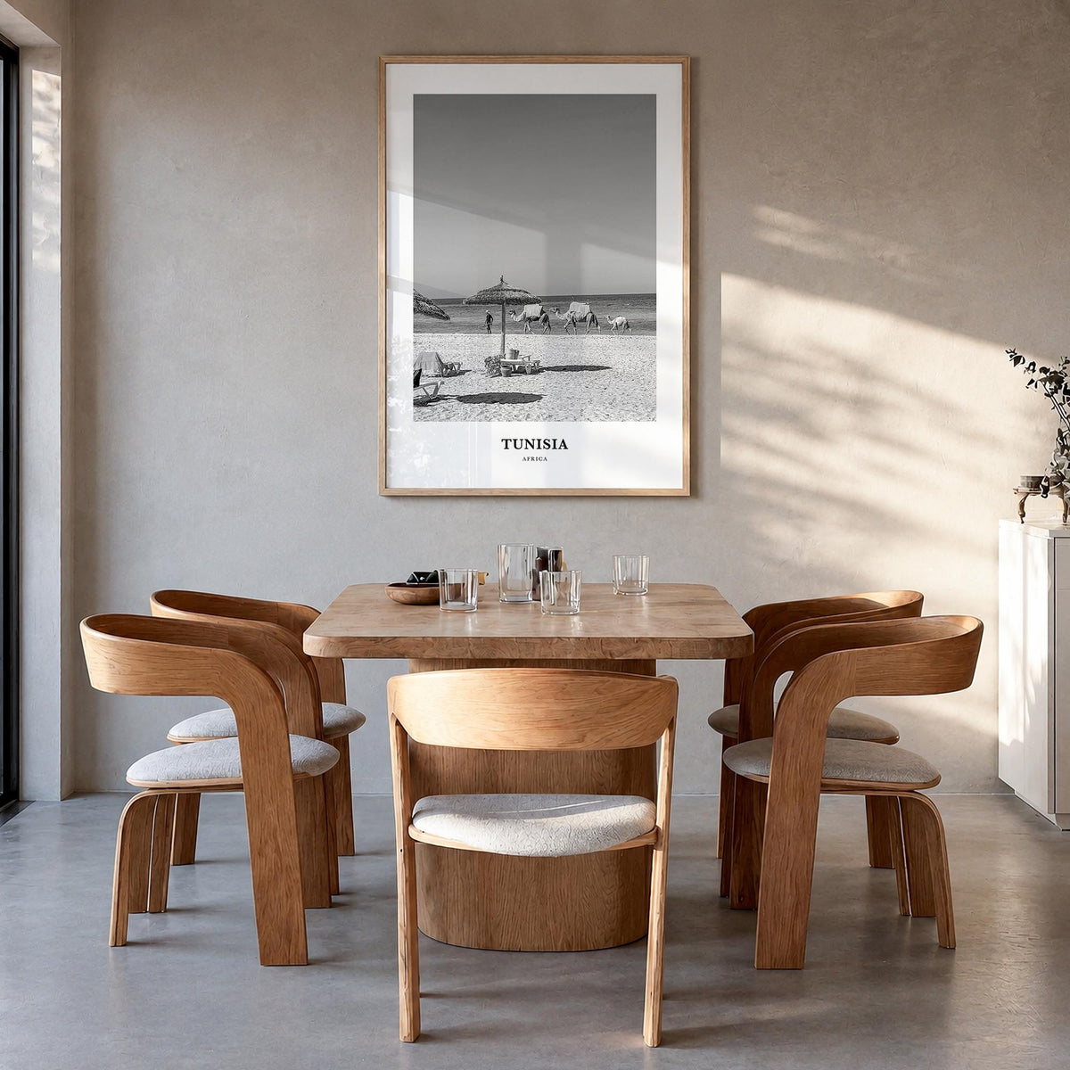 Tunisia black & white classic poster of Africa – vertical wall art in natural wood frame, hanging on wall