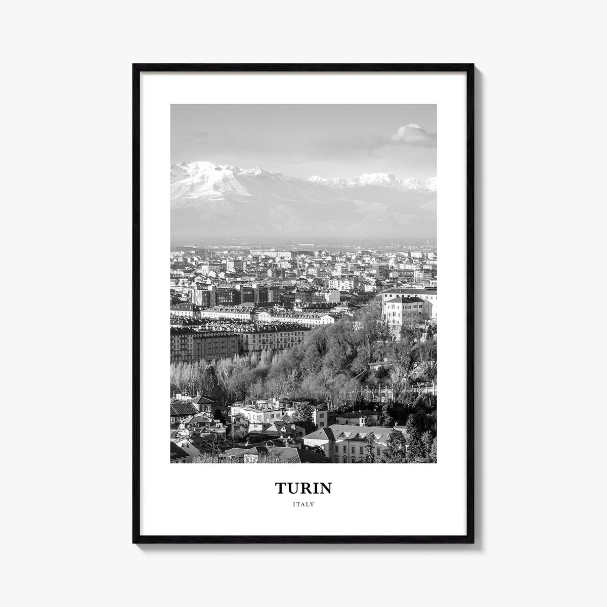 Turin black & white classic poster of Italy – vertical wall art, unframed print shown in interior mockup