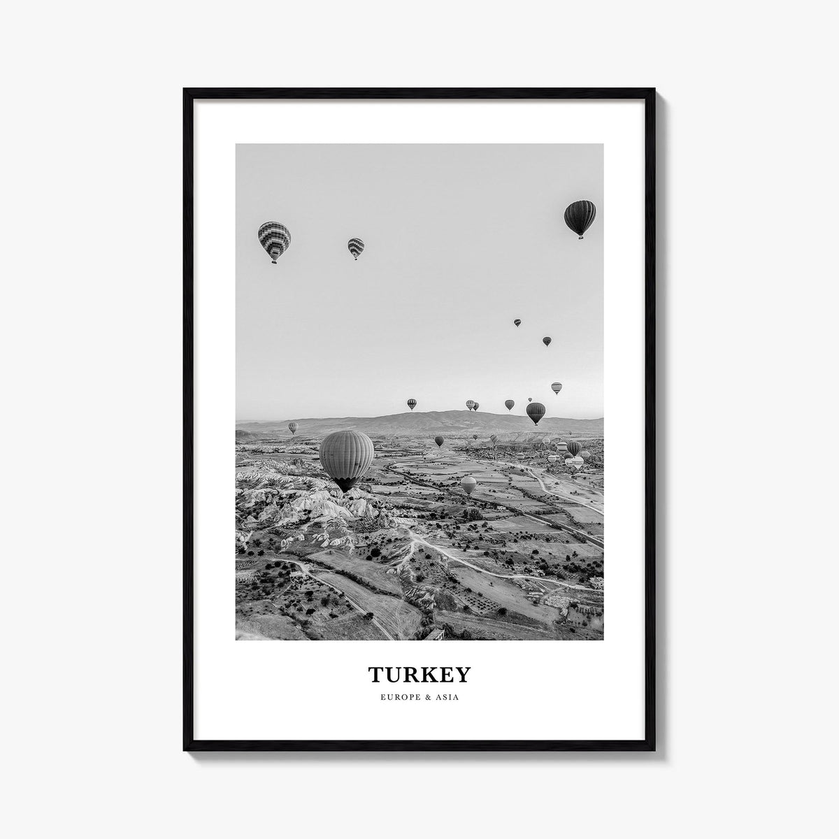 Turkey black & white classic poster of Türkiye – vertical wall art, unframed print shown in interior mockup