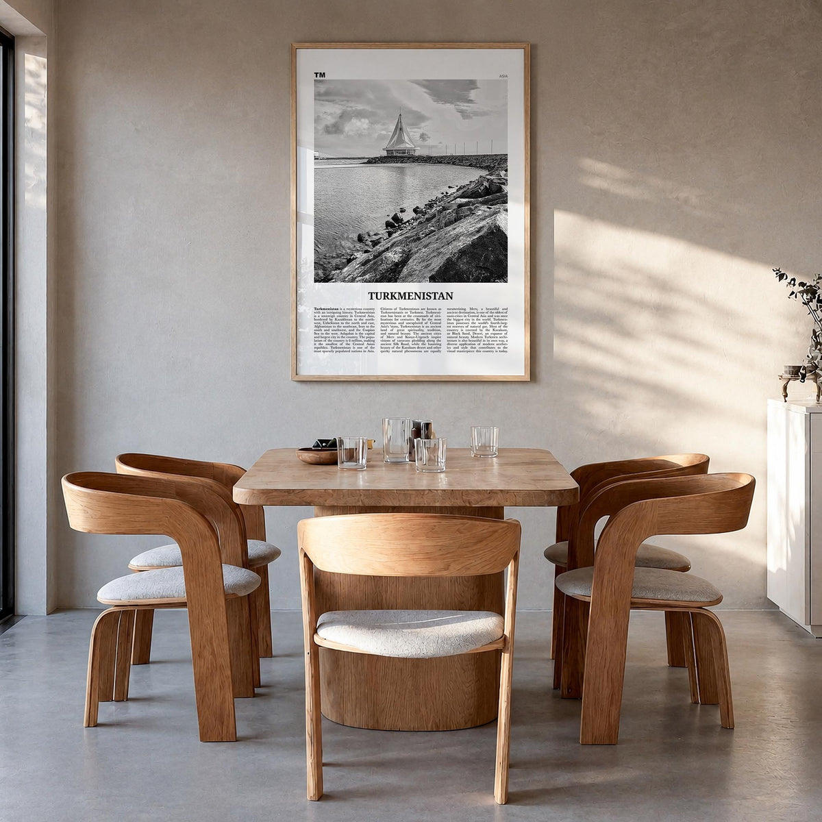 Turkmenistan black & white newspaper poster of Asia – vertical wall art in natural wood frame, hanging on wall