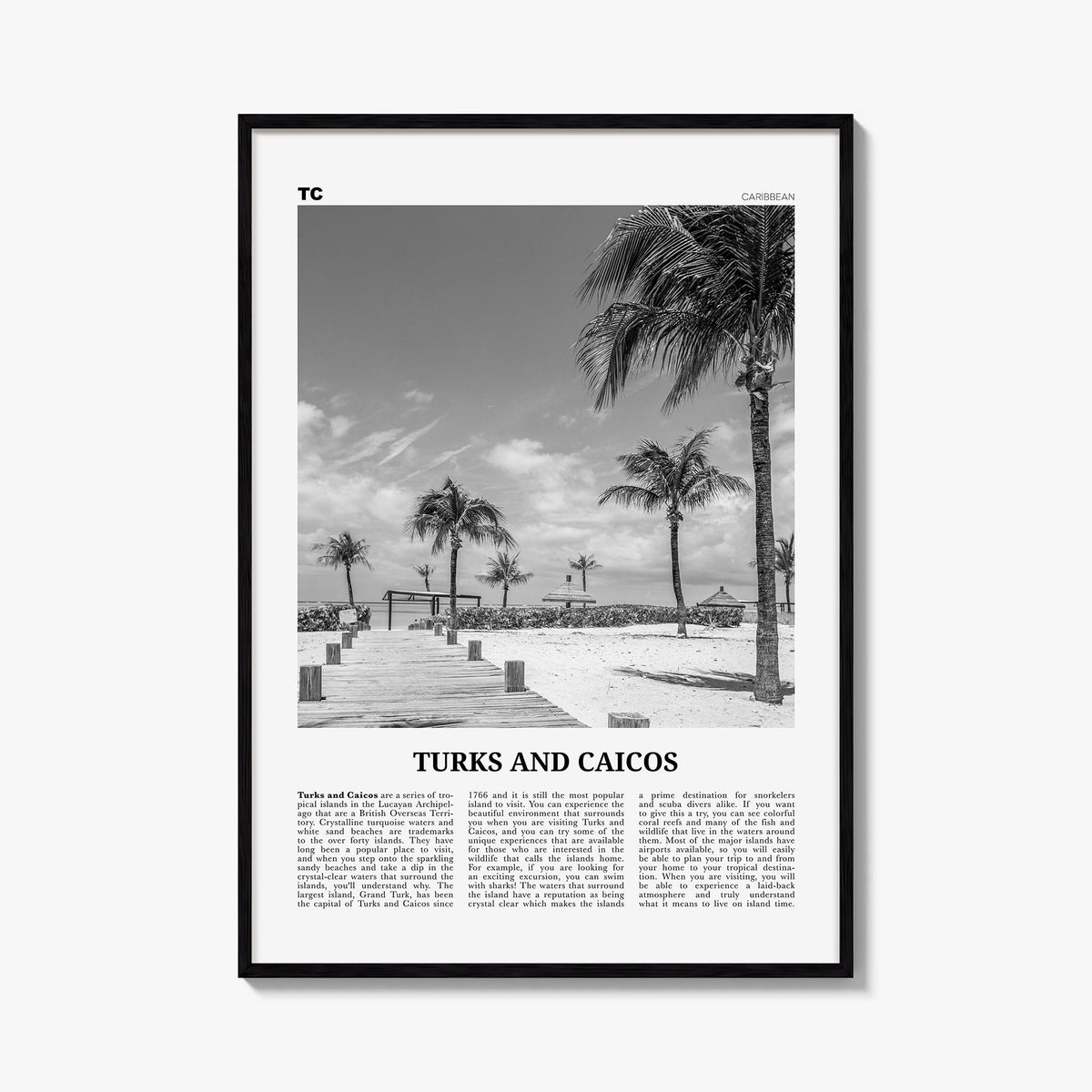 Turks and Caicos Islands black & white newspaper poster of North America – vertical wall art, unframed print shown in interio