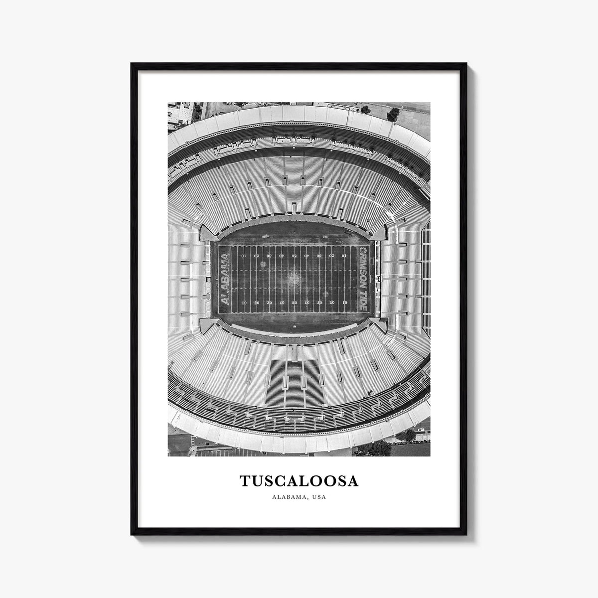 Tuscaloosa black & white classic poster of Alabama, USA – vertical wall art, unframed print shown in interior mockup